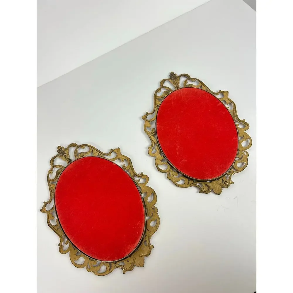 Vintage Ornate Brass Oval Frame Floral Art Made in Italy Set of 2 Convex Glass